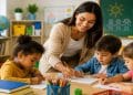 Professora auxilia crianças em atividade de desenho em sala de educação infantil, ilustrando onde a formação em magistério é aceita para dar aula.