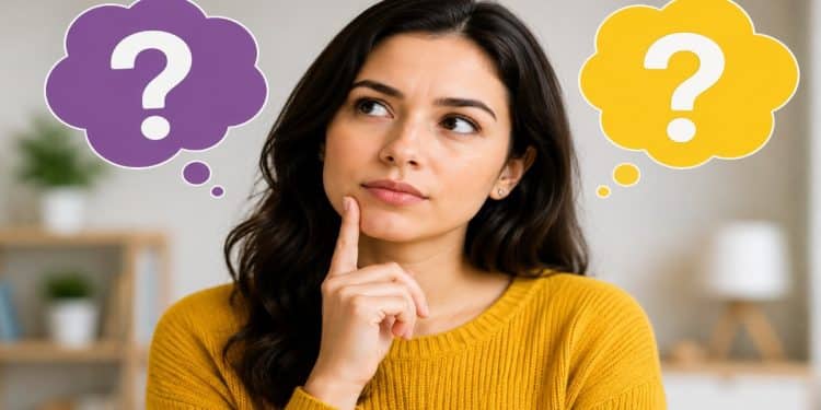 Imagem ilustrativa de mulher pensativa, com a mão no queixo e dois balões de pensamento com pontos de interrogação ao lado da cabeça, representando a dúvida entre as formas "antes de eu falar" e "antes deu falar"
