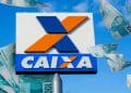 Imagem ilustrativa de placa externa da Caixa com cédulas de cem reais ao redor, representando as regras do Saque Calamidade do FGTS.
