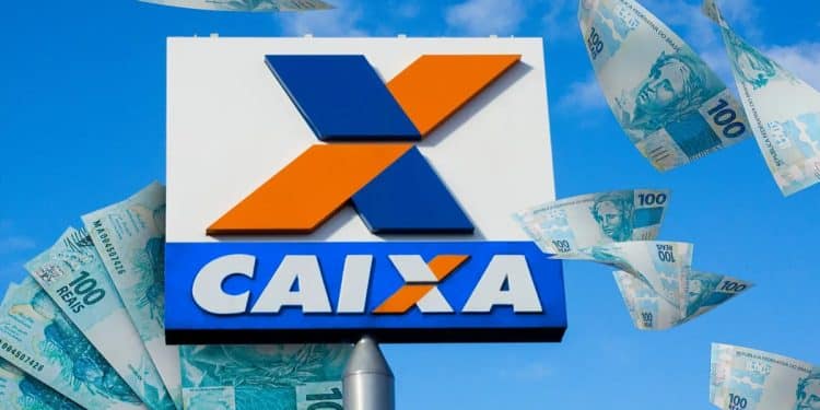 Imagem ilustrativa de placa externa da Caixa com cédulas de cem reais ao redor, representando as regras do Saque Calamidade do FGTS.