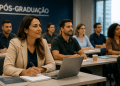 Mulher adulta participa de aula de pós-graduação em sala universitária com outros estudantes em formação profissional.
