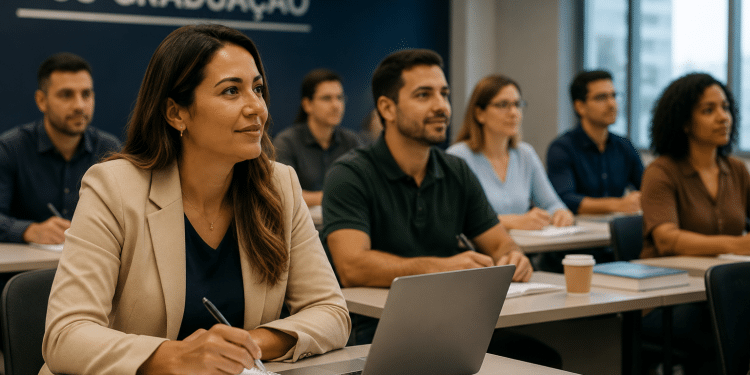 Mulher adulta participa de aula de pós-graduação em sala universitária com outros estudantes em formação profissional.