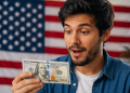 Homem observa nota de cem dólares com expressão de surpresa diante da bandeira dos Estados Unidos