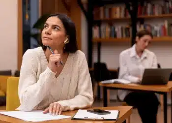 Mulher em ambiente de estudos refletindo sobre o significado de antítese na língua portuguesa