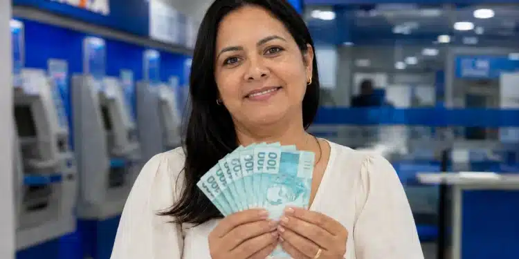 Mulher segura notas de R$ 100 em uma agência bancária, representando o saque de R$ 6.220 do FGTS.