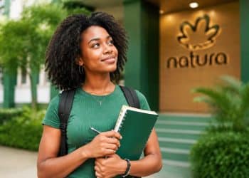 Estudante com mochila e cadernos em frente ao prédio da Natura, representando as vagas de estágio 2026