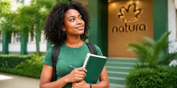 Estudante com mochila e cadernos em frente ao prédio da Natura, representando as vagas de estágio 2026