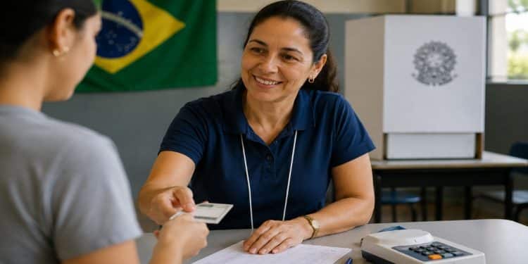 Imagem ilustrativa de mesária entregando o comprovante de votação à eleitora, tarefa de quem trabalha na urna e tem direito a folgas e auxílio-alimentação nas Eleições 2026