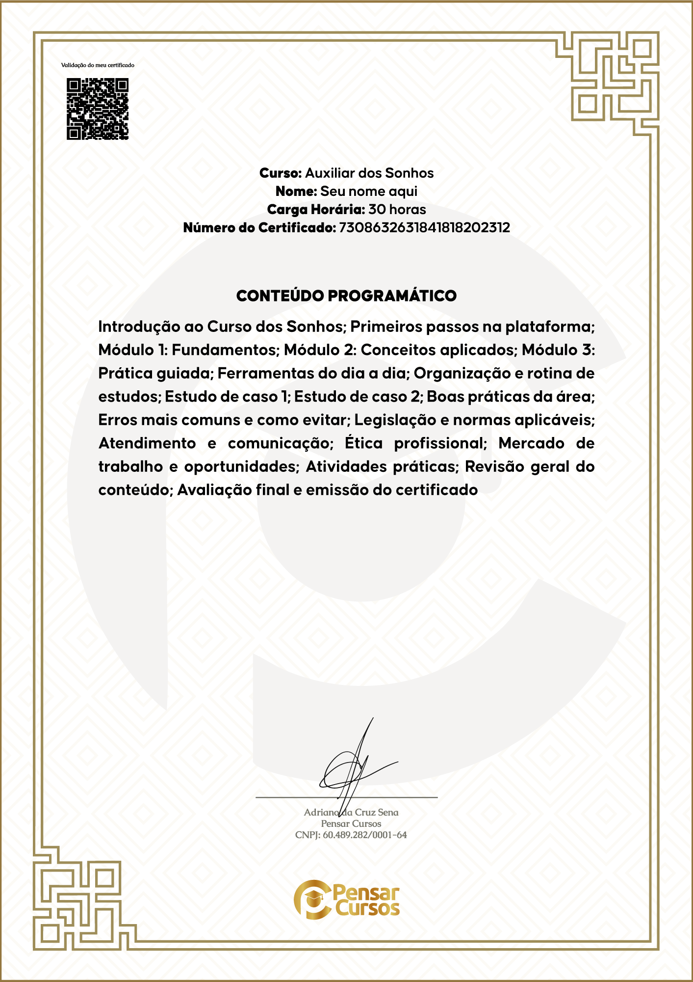 Verso do Certificado